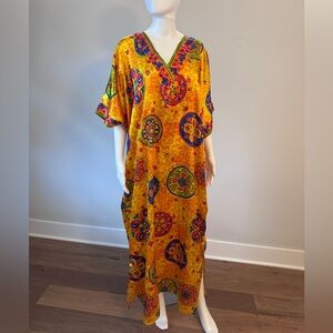 Vibrant Yellow Printed Maxi Dress with V-Neck
